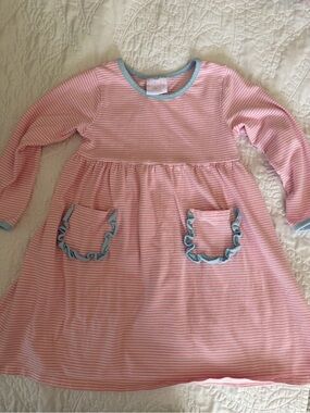 Stitchy Fish- Girls Pink & White Striped Ruffle Pocket Dress with Blue Trim